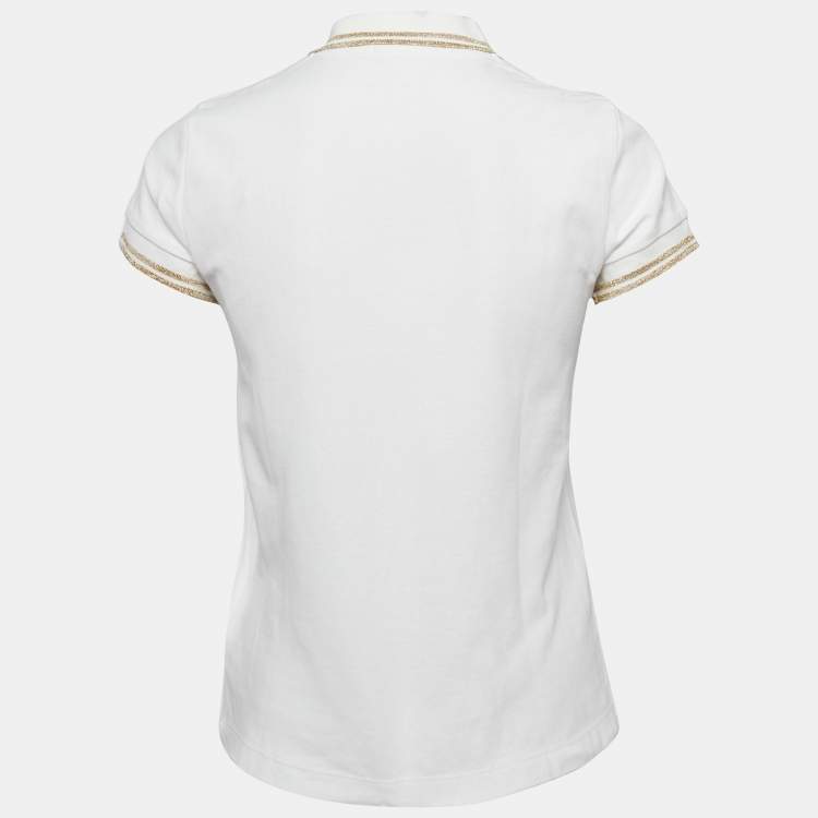 Pre Owned Moncler White Lurex Trim Cotton Pique Applique Detail Polo T-Shirt S