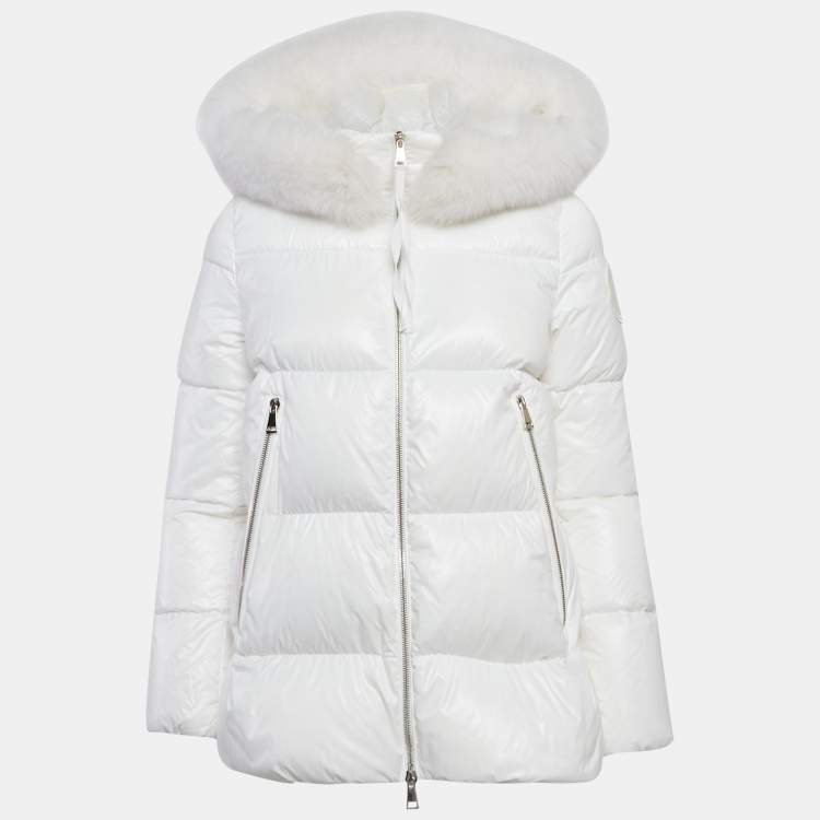 Pre Owned Moncler White Nylon Laichefur Hooded Down Jacket S