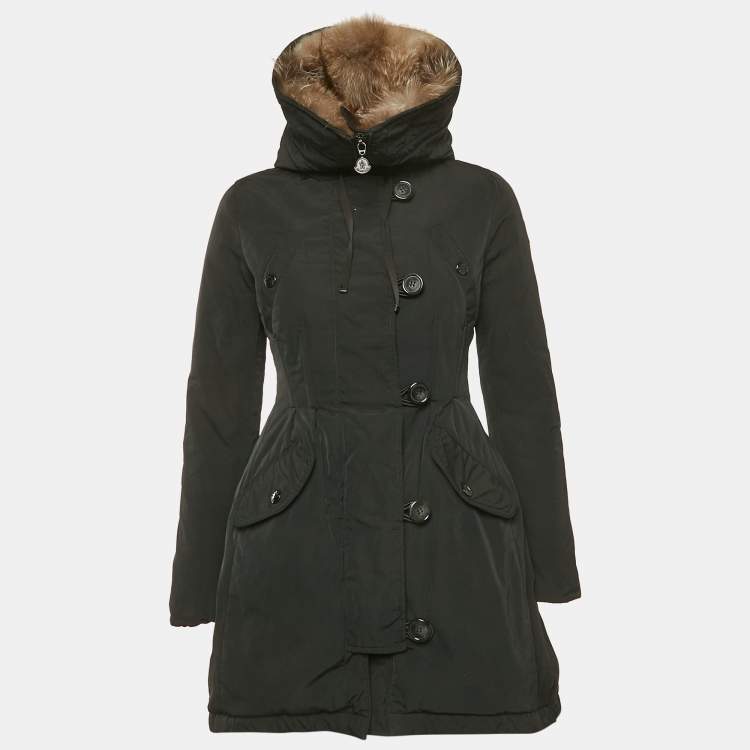 Pre Owned Moncler Black Real Fur Synthetic Down Puffer Jacket XS