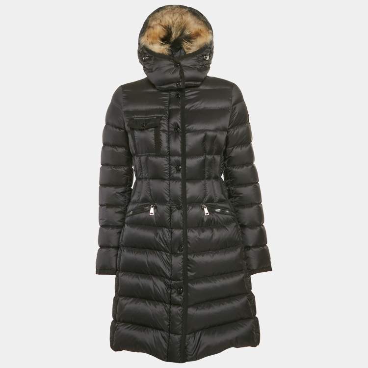 Pre Owned Moncler Black Fur Trim Nylon Down Coat S
