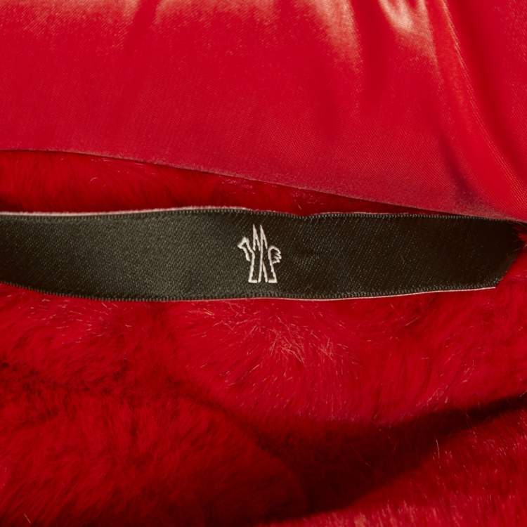 Pre Owned Moncler Red/Blue Logo Print Faux Fur and Nylon Puffer Jacket L