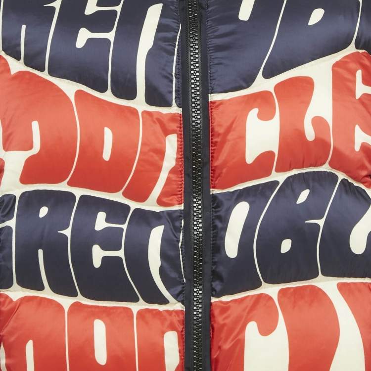 Pre Owned Moncler Red/Blue Logo Print Faux Fur and Nylon Puffer Jacket L