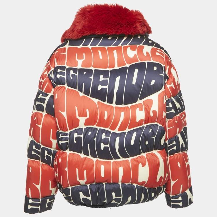 Pre Owned Moncler Red/Blue Logo Print Faux Fur and Nylon Puffer Jacket L