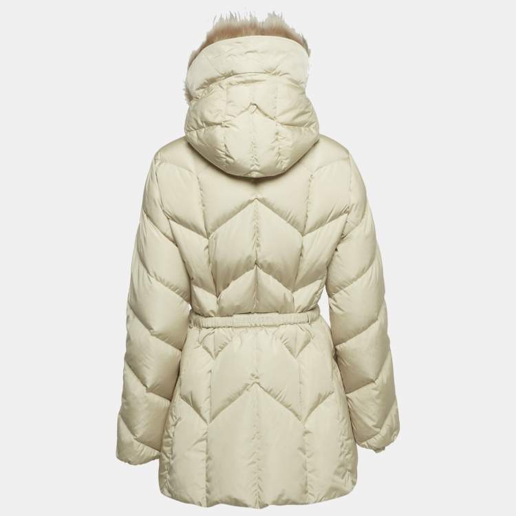 Pre Owned Moncler Beige Fur Trim Nylon Quilted Down Jacket M