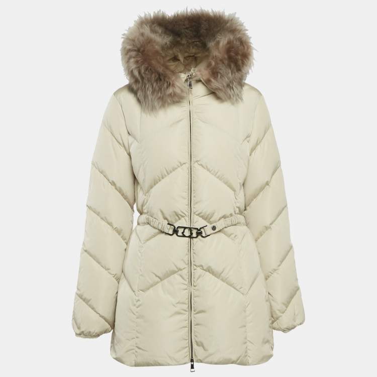 Pre Owned Moncler Beige Fur Trim Nylon Quilted Down Jacket M