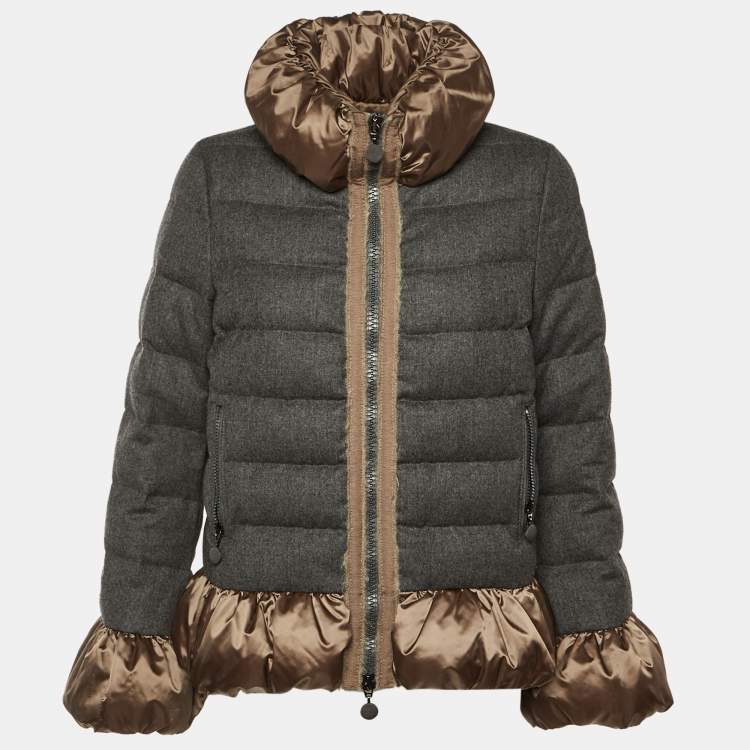 Pre Owned Moncler Grey Wool Satin Trim Down Jacket M