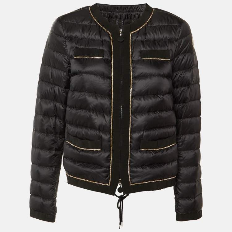 Pre Owned Moncler Black Embellished Trim Nylon Puffer Down Jacket L