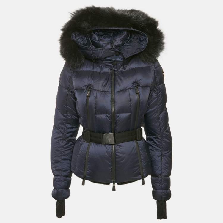 Pre Owned Moncler Blue Nylon Puffer Real Fur Down Jacket M