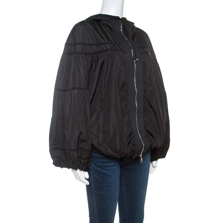 Pre Owned Moncler Black Grosgrain Trim Balloon Sleeve Hooded Jacket L