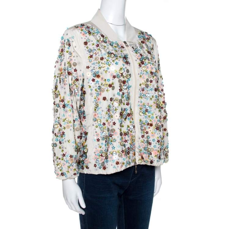 Pre Owned Moncler Cream Embellished Nylon Bomber Jacket M