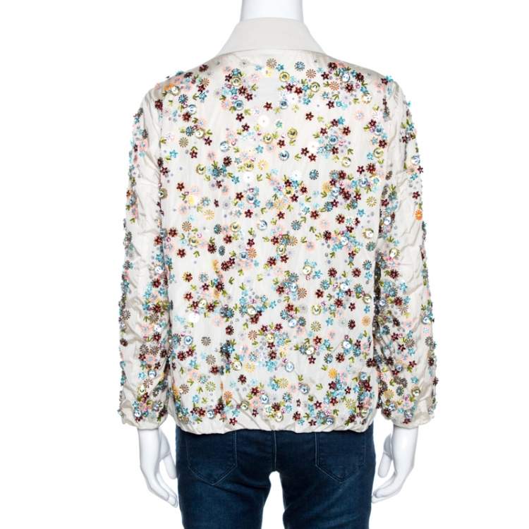 Pre Owned Moncler Cream Embellished Nylon Bomber Jacket M