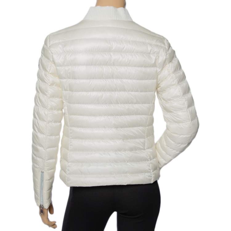 Pre Owned Moncler Ivory Down Quilted Elasticized Collar Detail Zip Front Jacket S