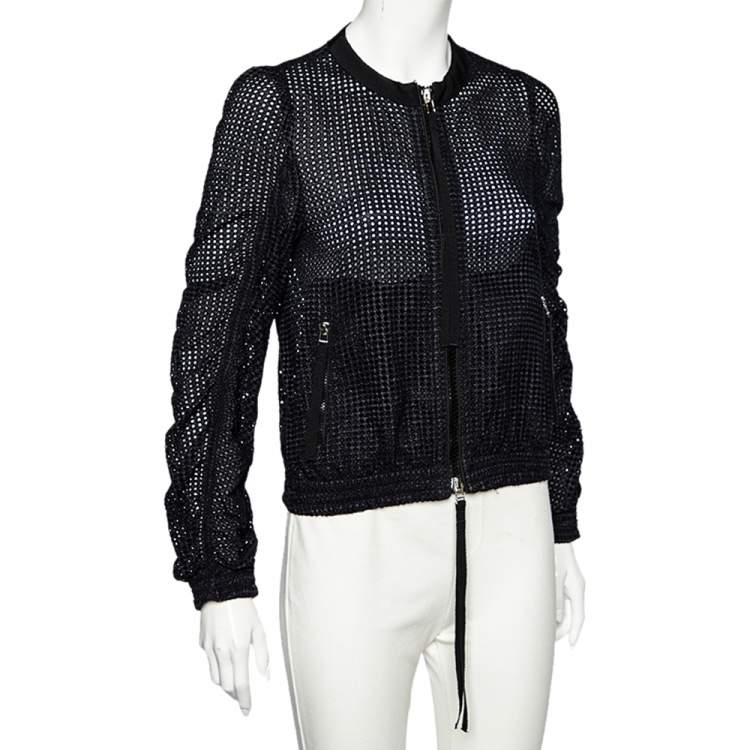 Pre Owned Moncler Black Synthetic Mesh Zip Front Hatsue Jacket S