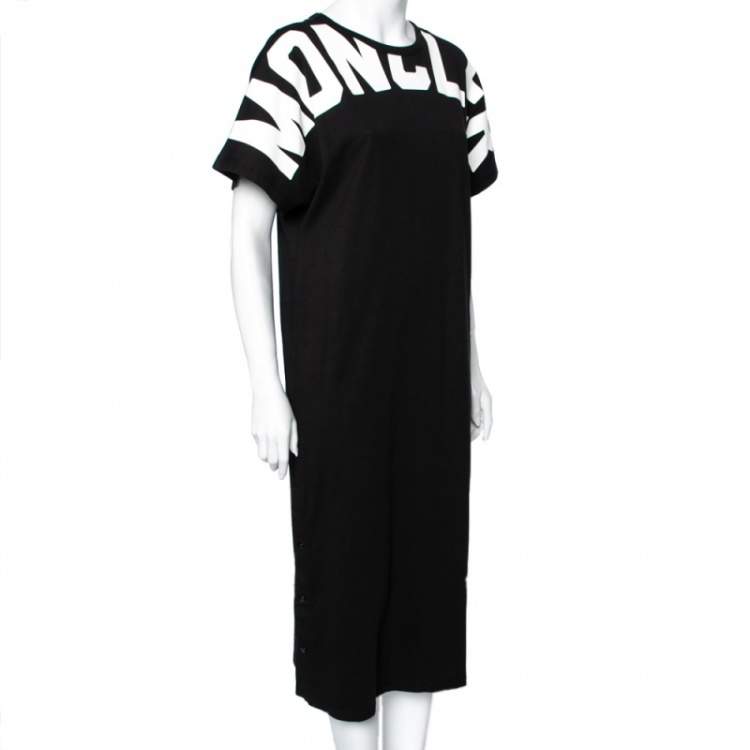 Pre Owned Moncler Black Logo Printed Cotton Side Button Detailed Short Sleeves Dress M