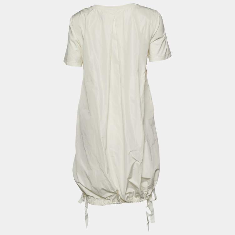 Pre Owned Moncler Ivory Cotton Floral Applique Detail Gathered Hem Dress S