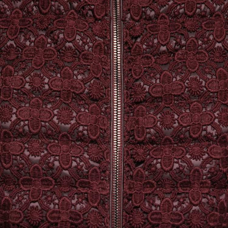 Pre Owned Moncler Burgundy Guipure Lace Overlay Down Jacket M