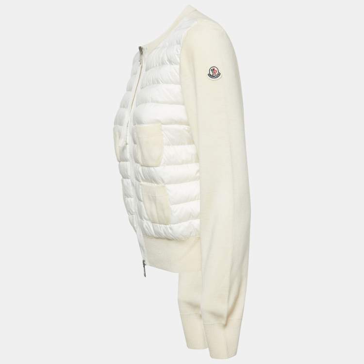 Pre Owned Moncler Cream Knit and Synthetic Zip Front Down Jacket S