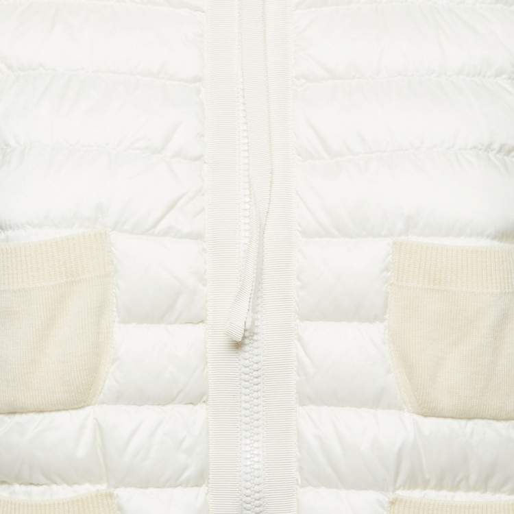 Pre Owned Moncler Cream Knit and Synthetic Zip Front Down Jacket S