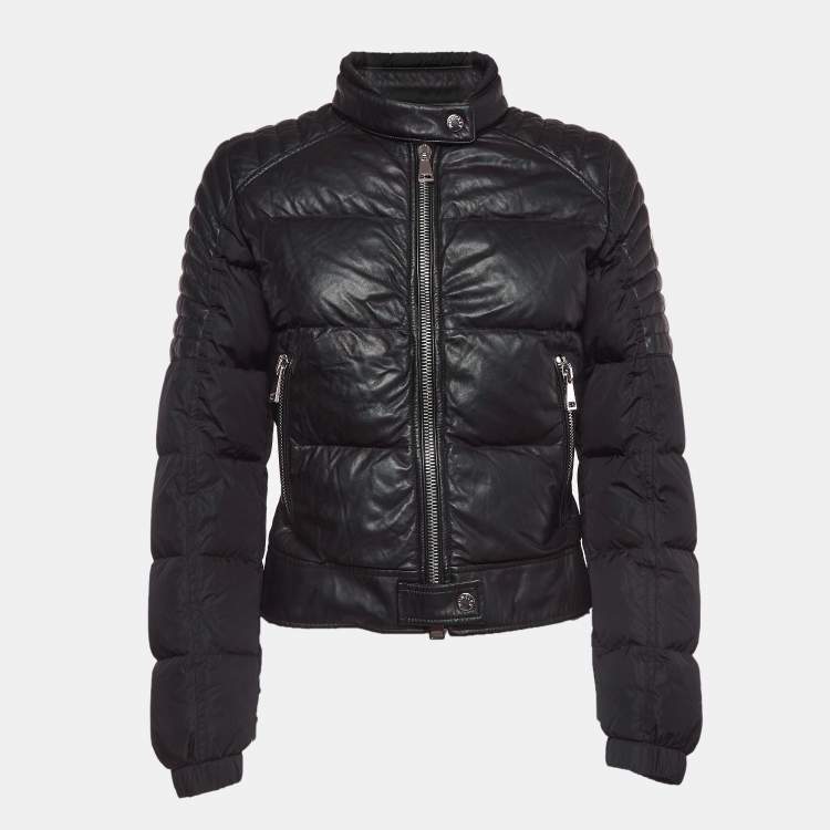 Pre Owned Moncler Black Logo Applique Leather Trim Nylon Zipper Puffer Jacket S