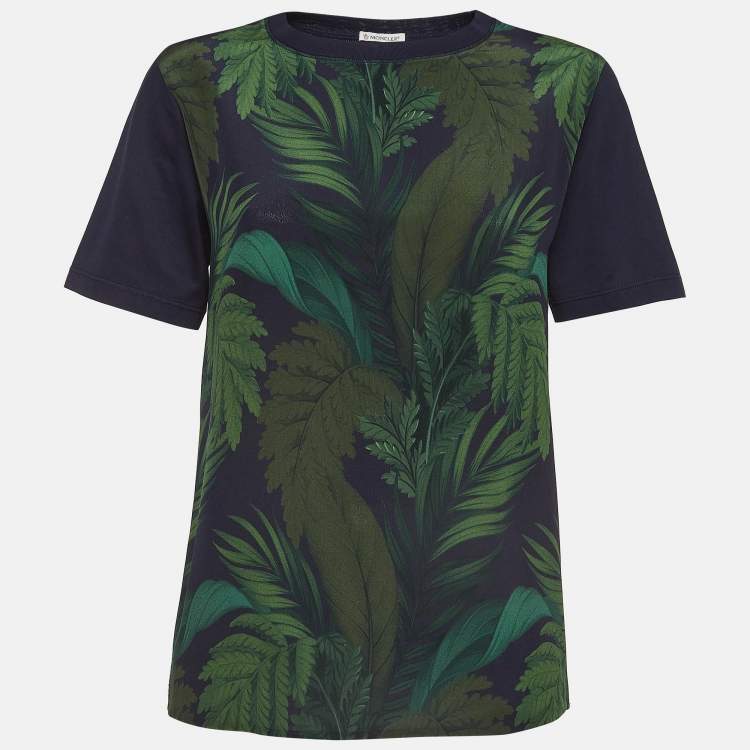 Pre Owned Moncler Navy Blue Jungle Printed Silk And Cotton Knit Top XS
