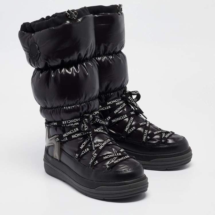 Pre Owned Moncler Black Nylon and Leather Insoluxe Mid Calf Snow Boots Size 38