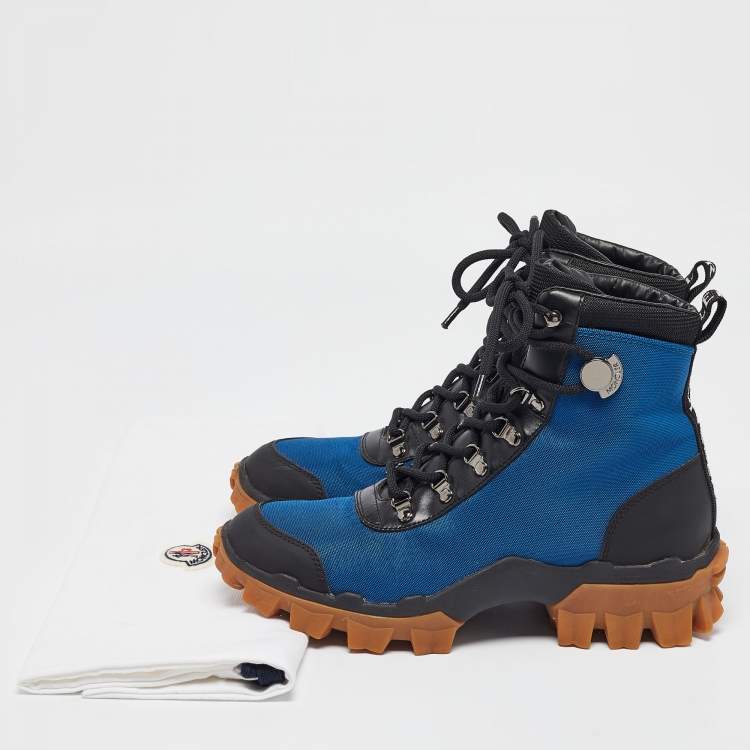 Pre Owned Moncler Black /Blue Leather and Canvas Ankle Boots Size 39
