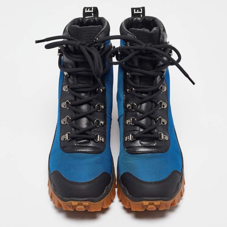 Pre Owned Moncler Black /Blue Leather and Canvas Ankle Boots Size 39