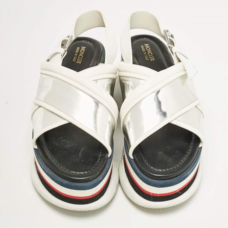 Pre Owned Moncler White/Silver Leather Zelda Platform Sandals Size 37