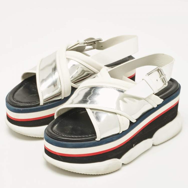 Pre Owned Moncler White/Silver Leather Zelda Platform Sandals Size 37