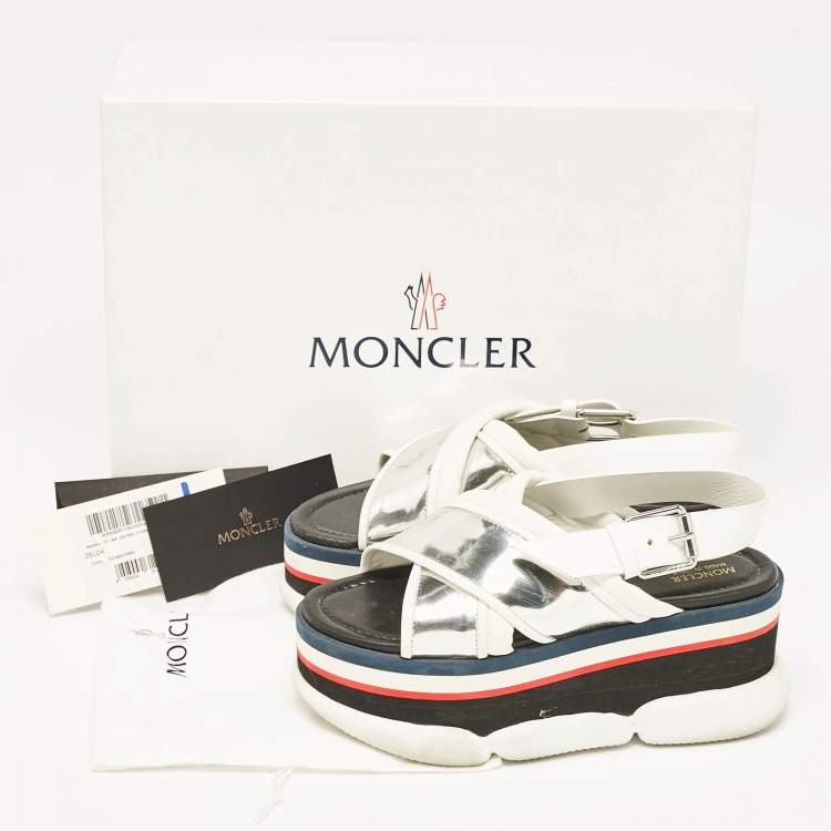 Pre Owned Moncler White/Silver Leather Zelda Platform Sandals Size 37
