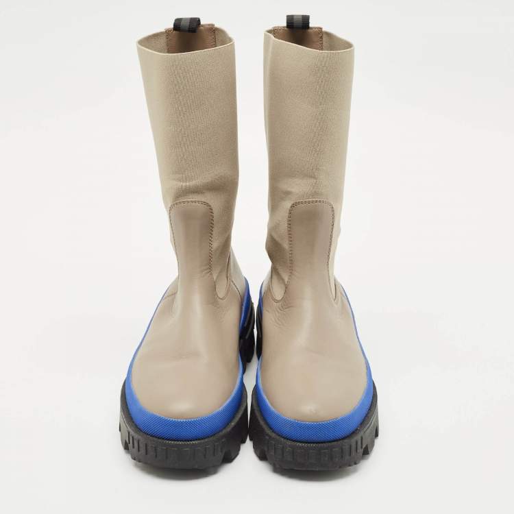 Pre Owned Moncler Grey Stretch Fabric and Leather Neue Chelsea Boots Size 38