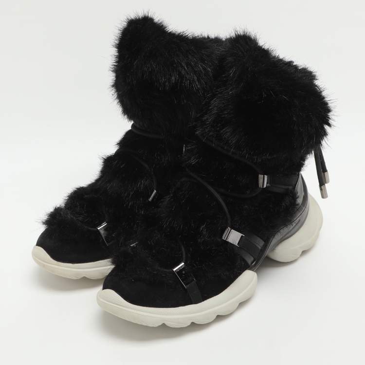 Pre Owned Moncler Size 38 Black Fur and Leather Ankle Length Boots