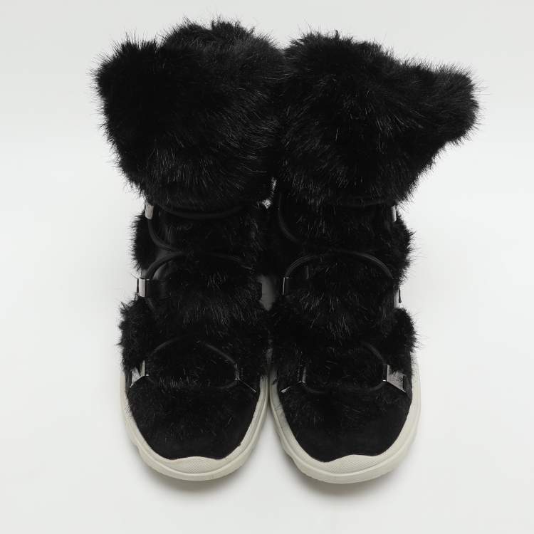 Pre Owned Moncler Size 38 Black Fur and Leather Ankle Length Boots