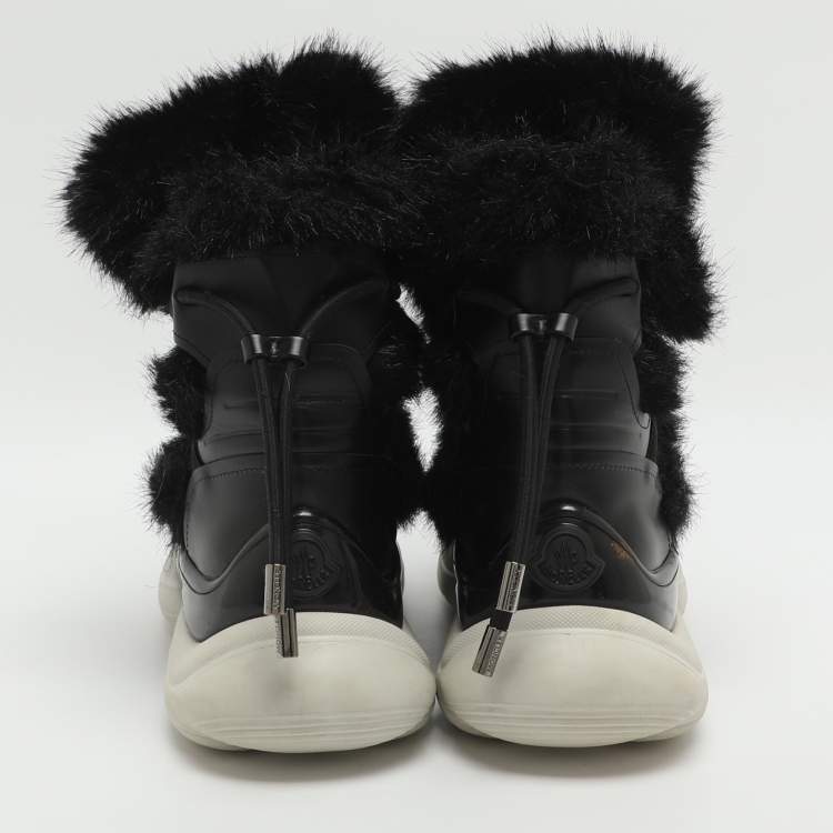 Pre Owned Moncler Size 38 Black Fur and Leather Ankle Length Boots