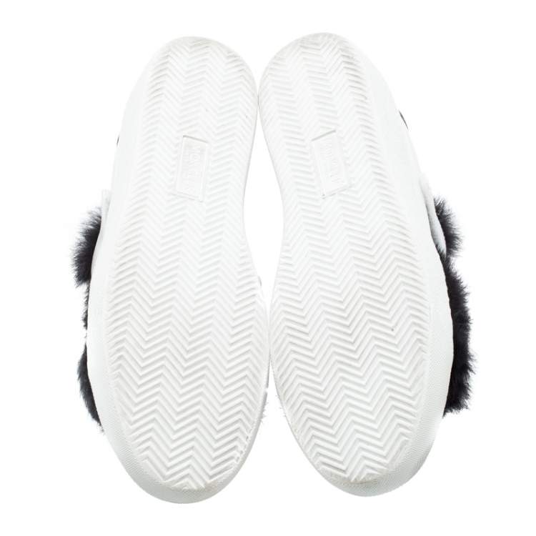 Pre Owned Moncler White/Black Leather and Fur Low Top Sneakers Size 38