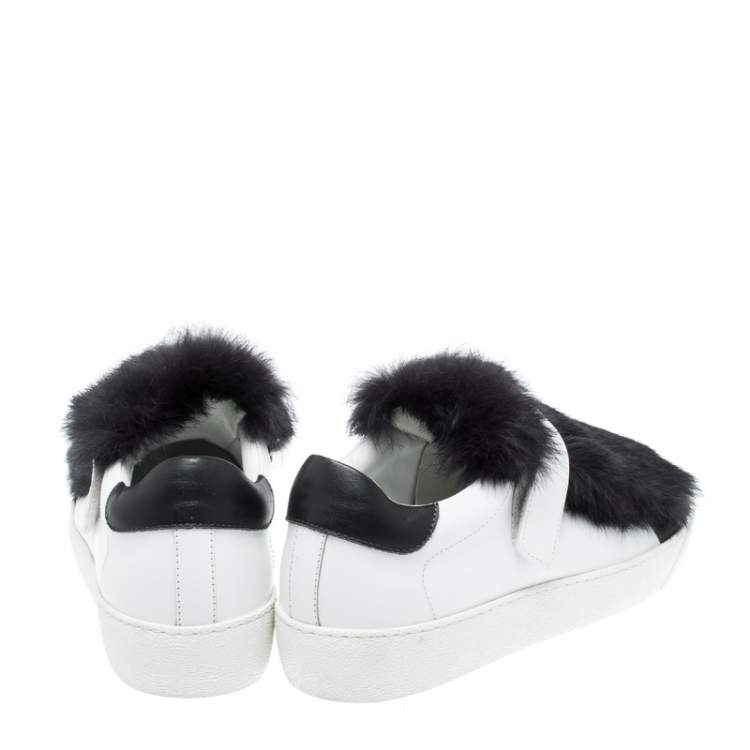 Pre Owned Moncler White/Black Leather and Fur Low Top Sneakers Size 38