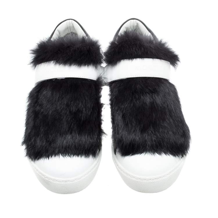 Pre Owned Moncler White/Black Leather and Fur Low Top Sneakers Size 38