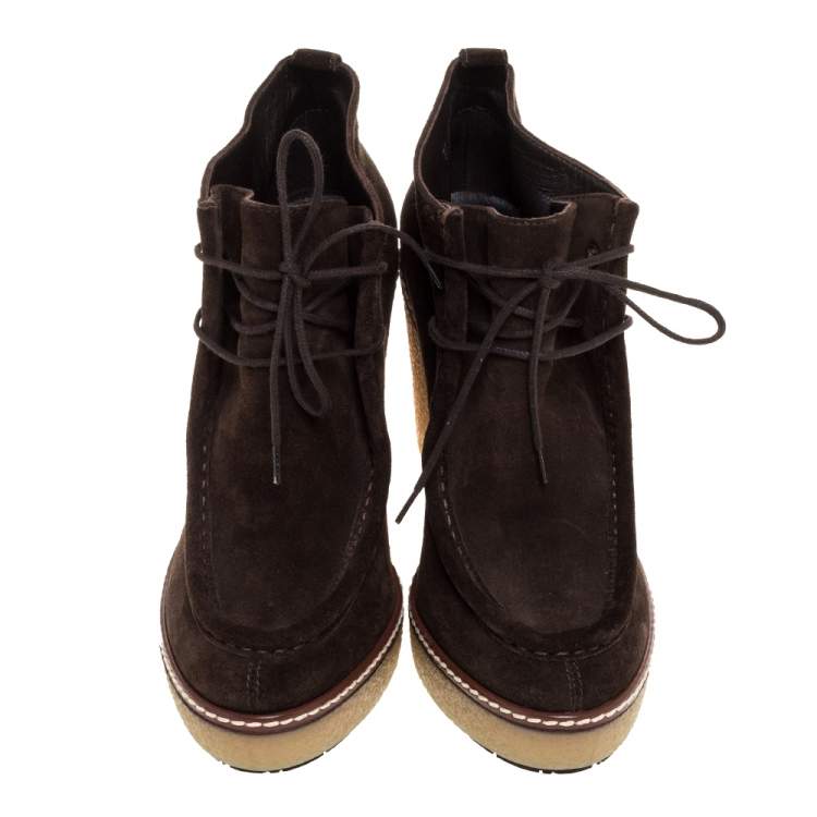Pre Owned Moncler Brown Suede Celie Lace Up Wedge Ankle Boots Size 37