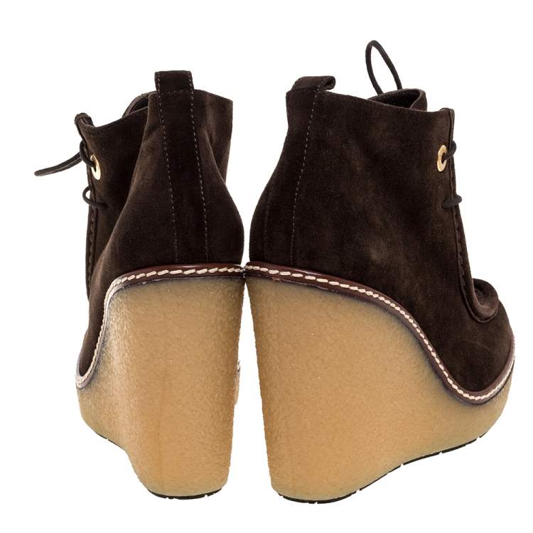 Pre Owned Moncler Brown Suede Celie Lace Up Wedge Ankle Boots Size 37