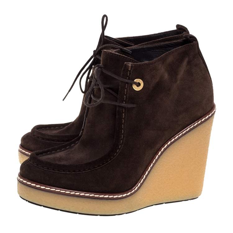 Pre Owned Moncler Brown Suede Celie Lace Up Wedge Ankle Boots Size 37