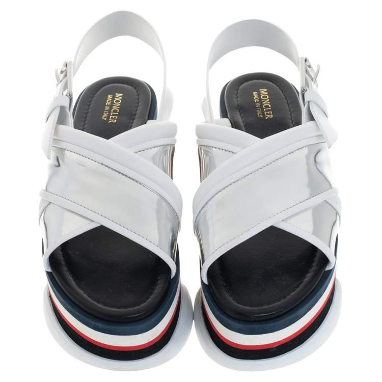Pre Owned Moncler White/Silver Patent and  Leather Zelda Platform Sandals Size 37
