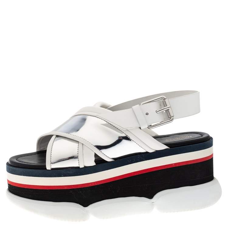 Pre Owned Moncler White/Silver Patent and  Leather Zelda Platform Sandals Size 37