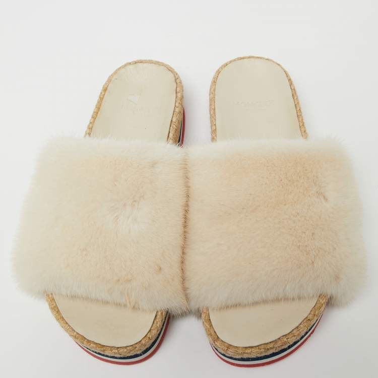 Pre Owned Moncler Cream Fur Flat Sandals Size 37