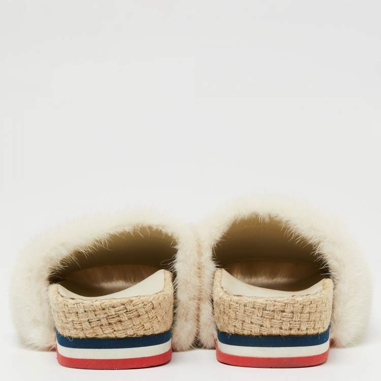 Pre Owned Moncler Cream Fur Flat Sandals Size 37