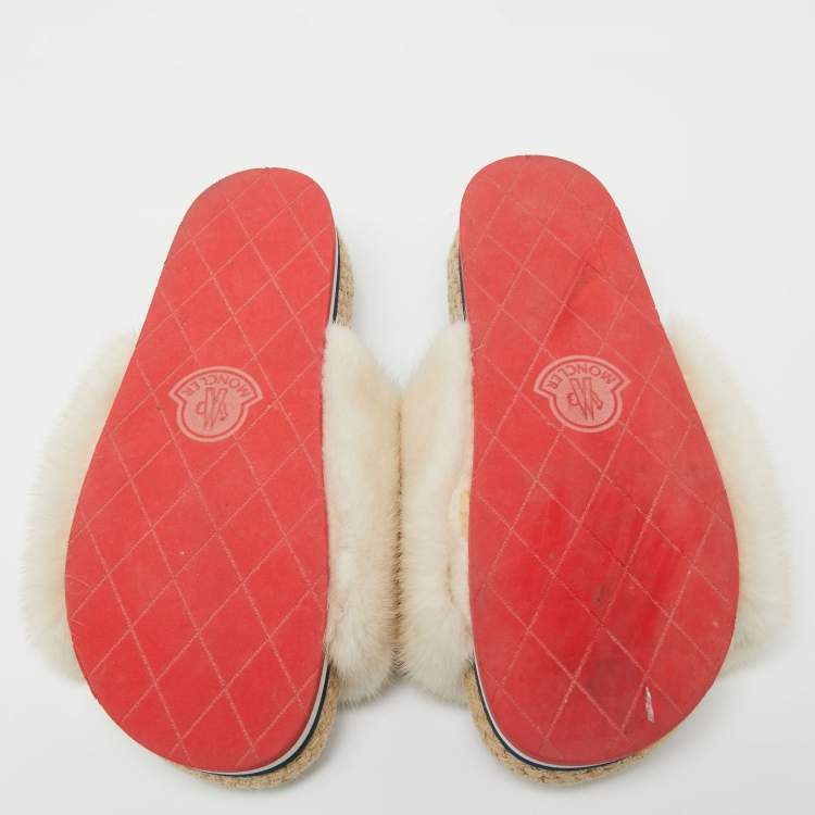 Pre Owned Moncler Cream Fur Flat Sandals Size 37