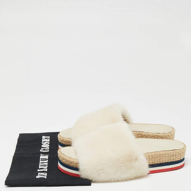 Pre Owned Moncler Cream Fur Flat Sandals Size 37