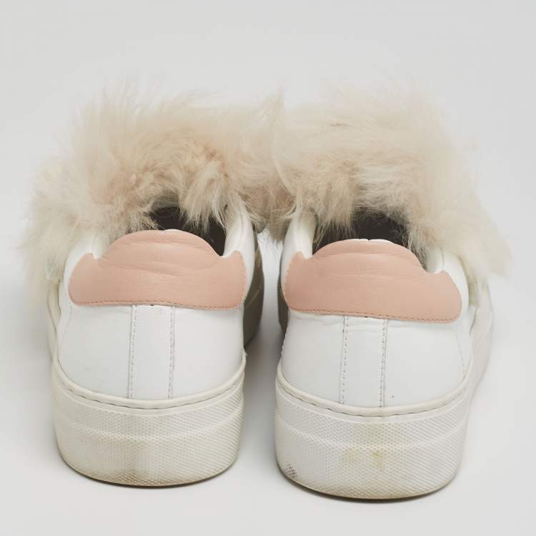 Pre Owned Moncler White Leather and Fur Victorie Slip-On Sneakers Size 39