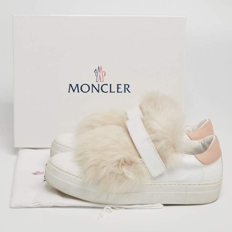 Pre Owned Moncler White Leather and Fur Victorie Slip-On Sneakers Size 39
