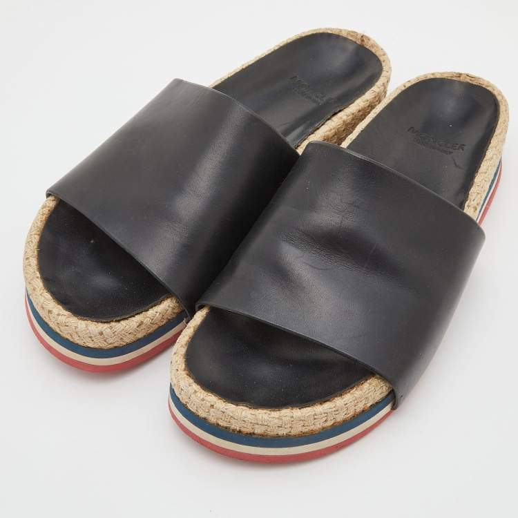 Pre Owned Moncler Black Leather Evelyne Espadrille Slide Sandals Size 39