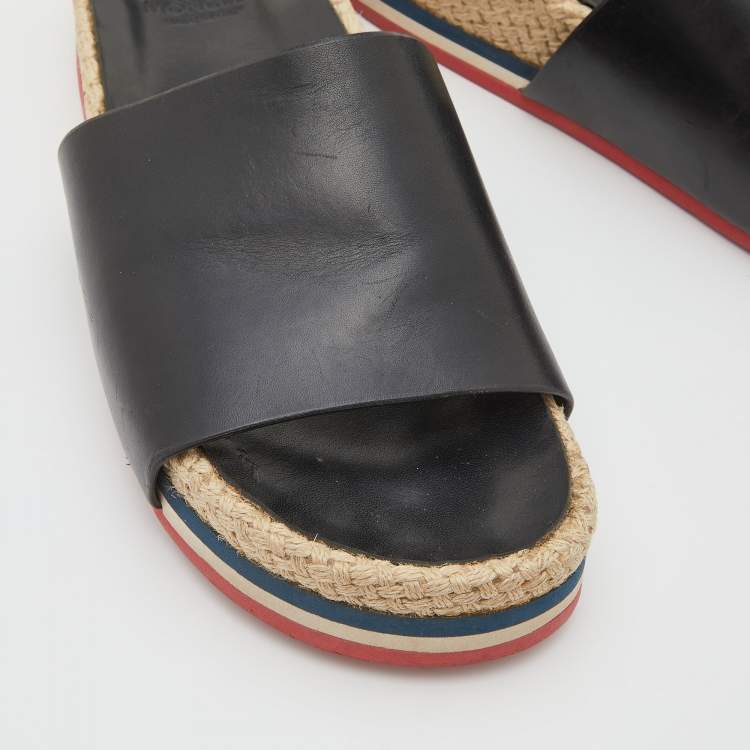 Pre Owned Moncler Black Leather Evelyne Espadrille Slide Sandals Size 39